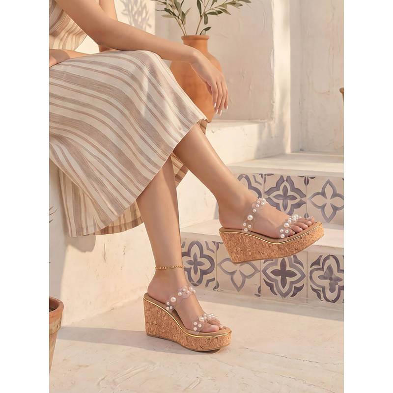 ROCIA By Regal Pearl Women Vinyl Studded Cork Heels (EURO 35)