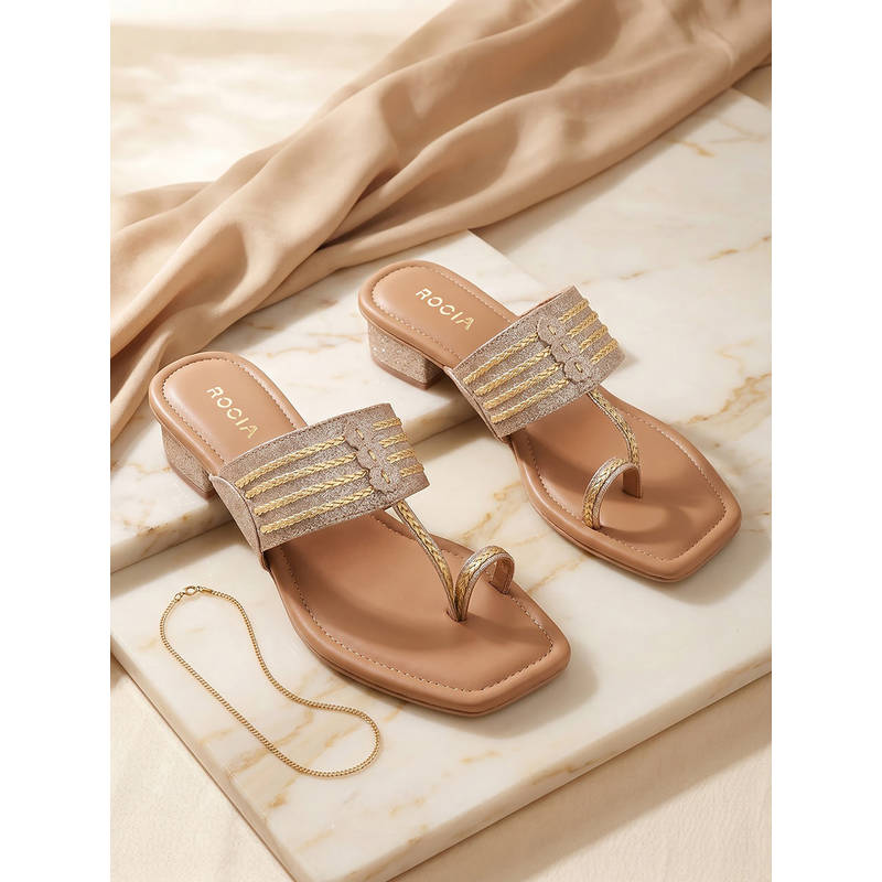 ROCIA By Regal Gold Women Shimmer Kolhapuri Block Heels (EURO 36)
