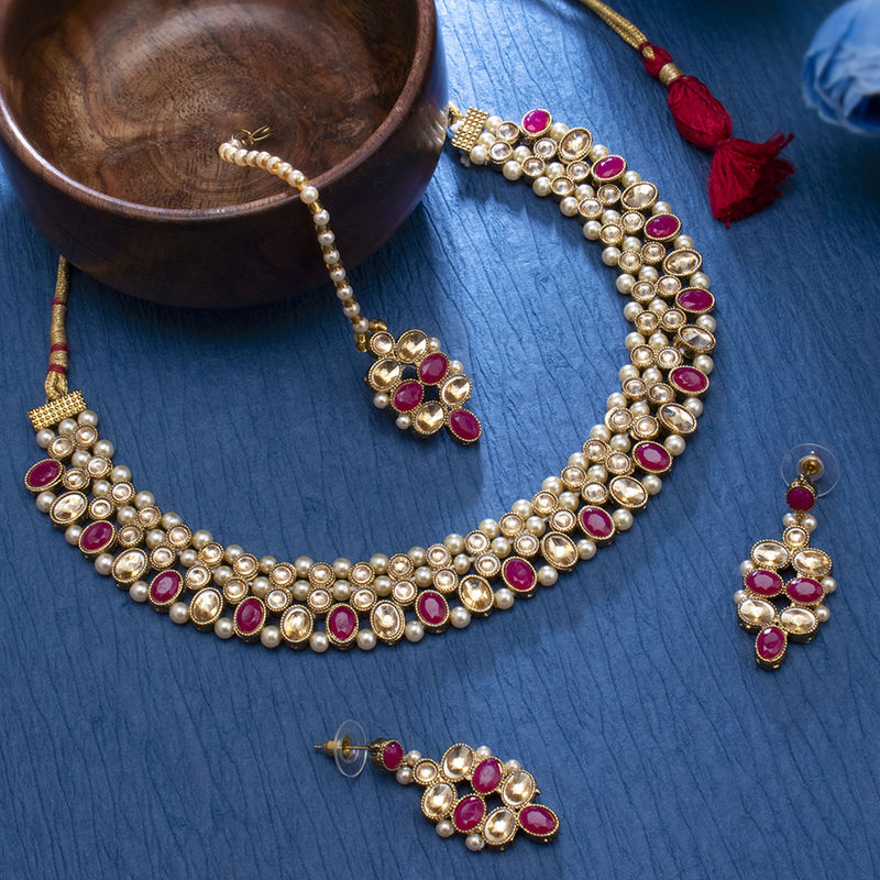 Sukkhi Shiny Gold Plated Pearl Choker Necklace Set For Women Buy