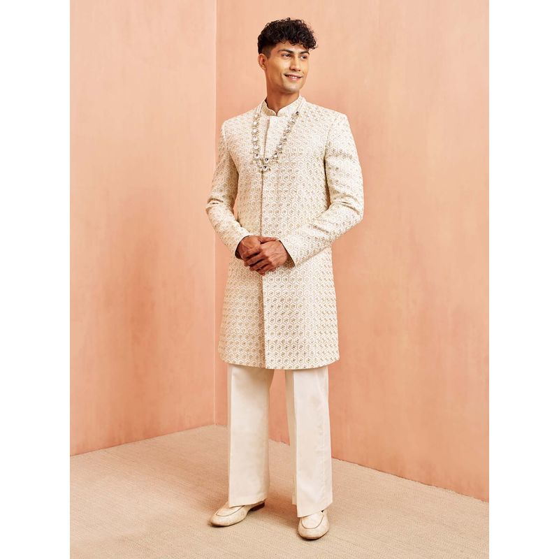 Vastramay Men Off White Embroidered Sherwani with Cream Wide Leg Pant (42)