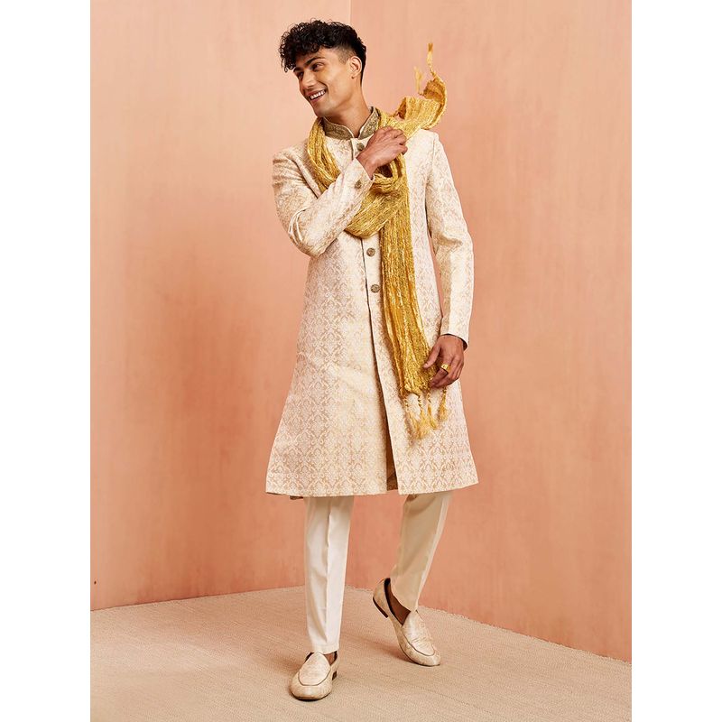 Vastramay Men Beige Jacquard Embellished Sherwani and Pyjama with Dupatta (36)