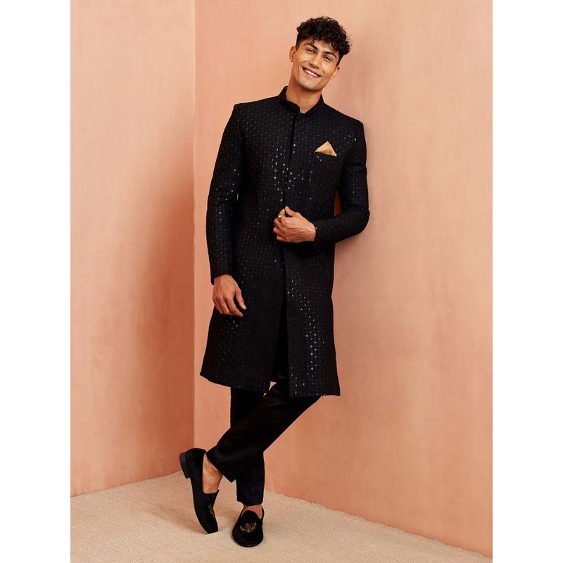 Vastramay Men Black Rayon Embroidered Sequinned Sherwani with Pant (40)