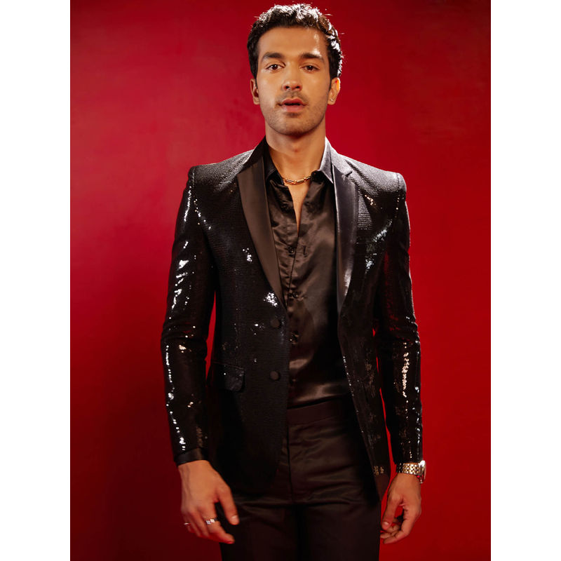 Vastramay Mens Black Embellished/Sequined Viscose Blazer (XL)