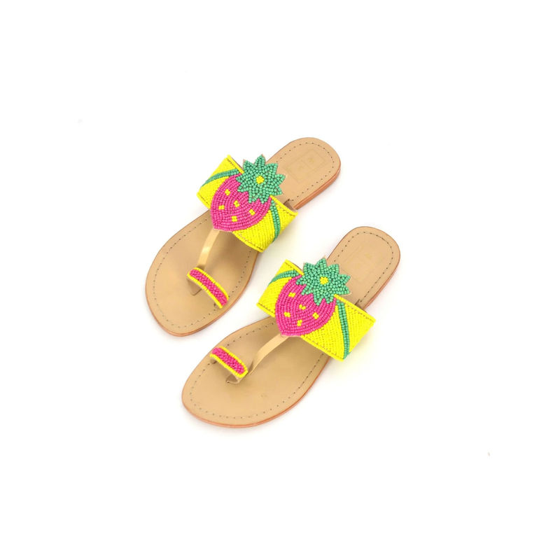 SANDALWALI Maya Beaded Yellow And Pink Kolhapuris (Euro 37) (EURO 37)