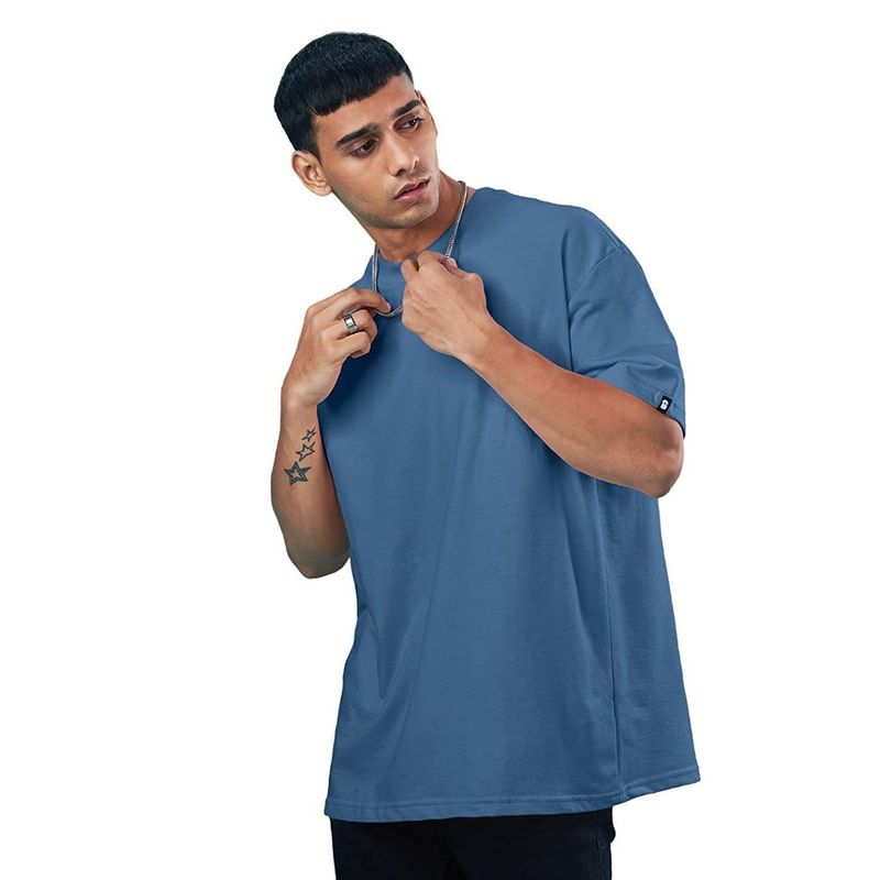 The Souled Store Men Solid Oversized Denim Blue Oversized T-Shirts (L)