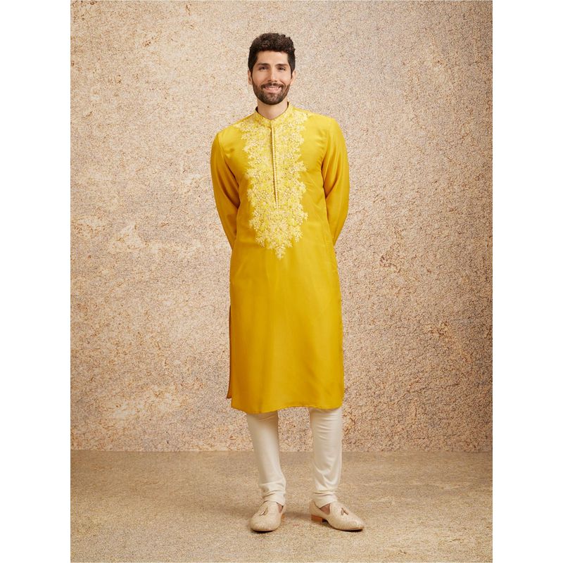 Twamev Yellow Art Silk Embroidered Kurta Churidar for Men (Set of 2) (M)