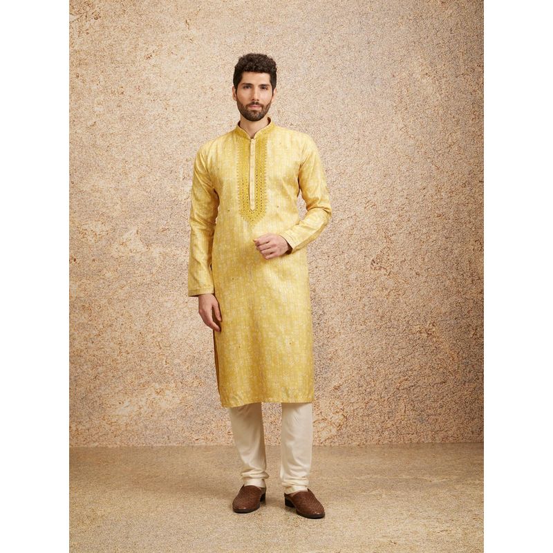 Twamev Yellow Art Silk Print Jacquard Mirror Work Kurta Churidar for Men (Set of 2) (XL)