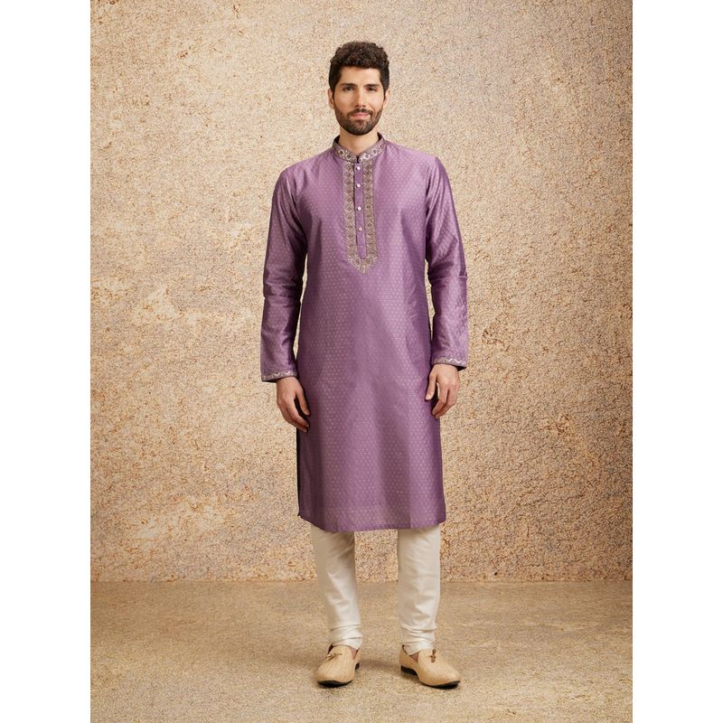 Twamev Purple Art Silk Embroidery Jacquard Zari Weave Sequin Kurta Churidar for Men (Set of 2) (M)