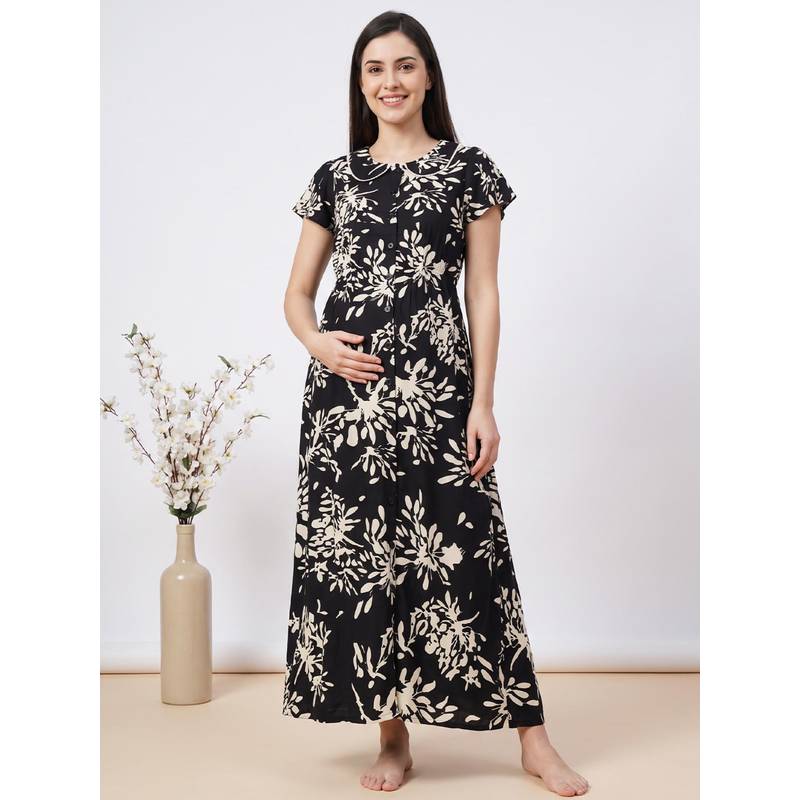 Secret Wish Black Floral Rayon Zipless Maternity Nighty (M)