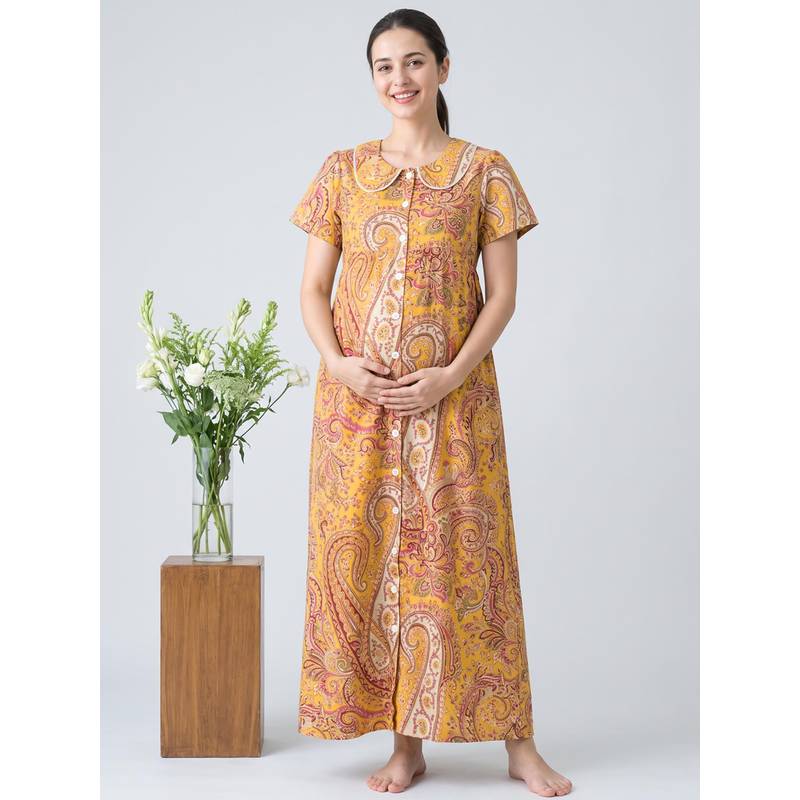 Secret Wish Mustard Floral Cotton Zipless Maternity Nighty (M)