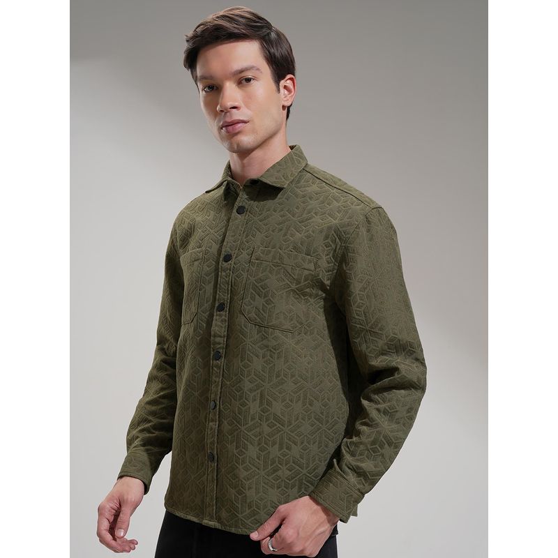 HIGHLANDER Men Olive Textured Casual Shirt (L)