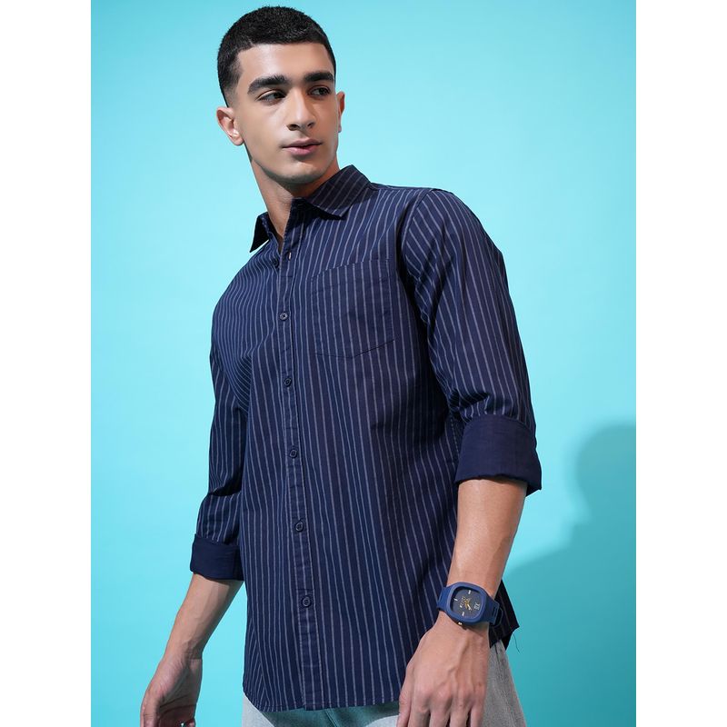 HIGHLANDER Men Navy Blue Stripes Casual Shirt (XL)