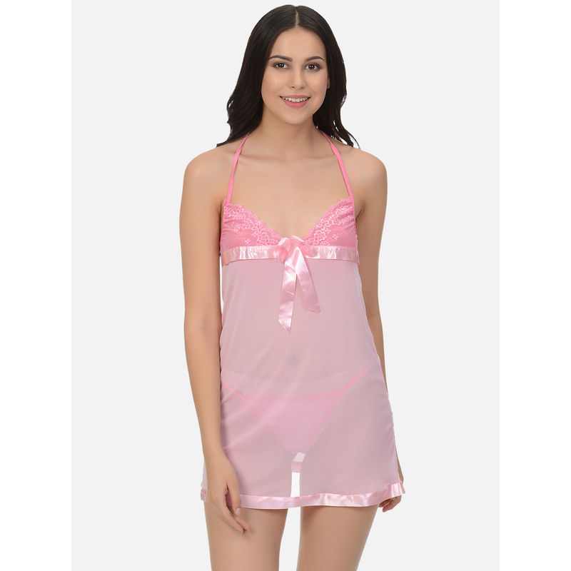 Mod & Shy Pink Sexy Mesh Net Nightwear Baby doll Dress With G-String (S)