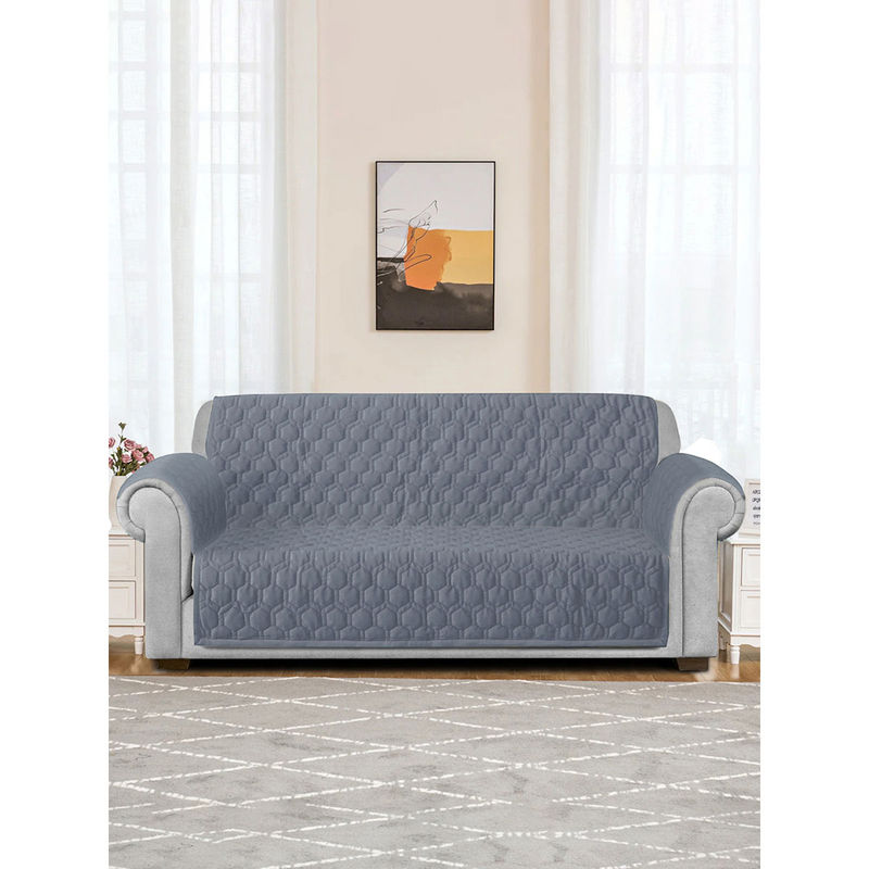 Eyda Light Grey Honey Comb Quilted Velvet Sofa Cover with 2 pcs Hand Rest (3 Seater)