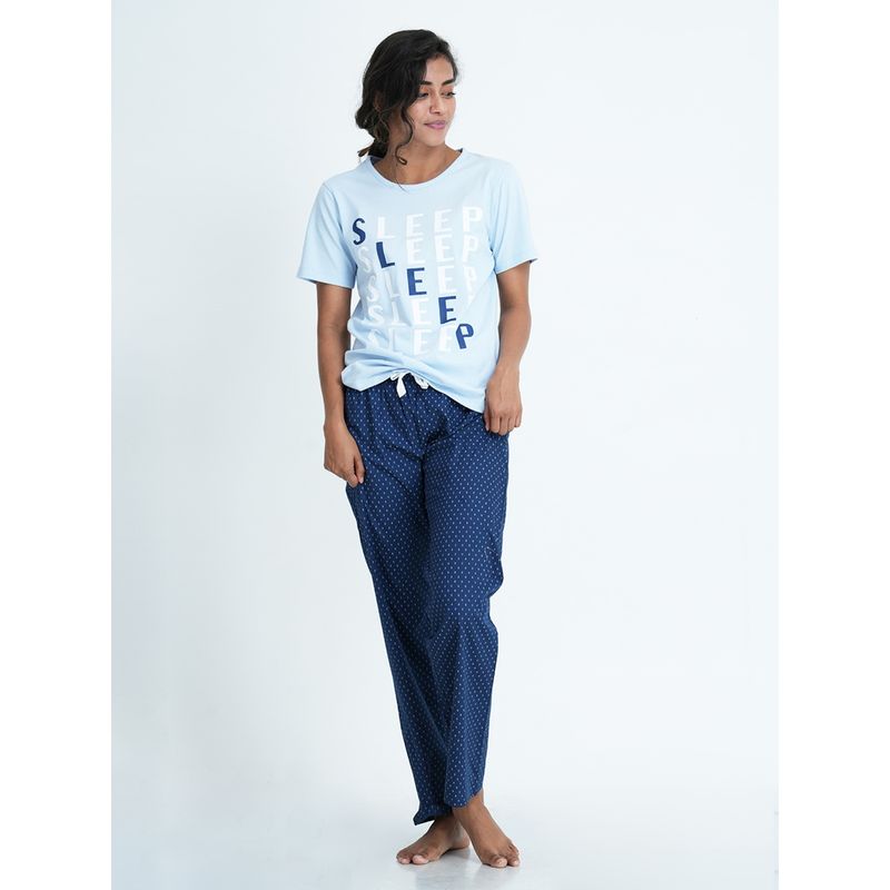 Mackly Womens Printed Tshirt & Pyjama Set-Blue (XS)