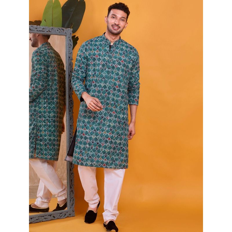 SHIWAM ETHNIX Men Green Silk Blend Abstract Straight Kurta (S)