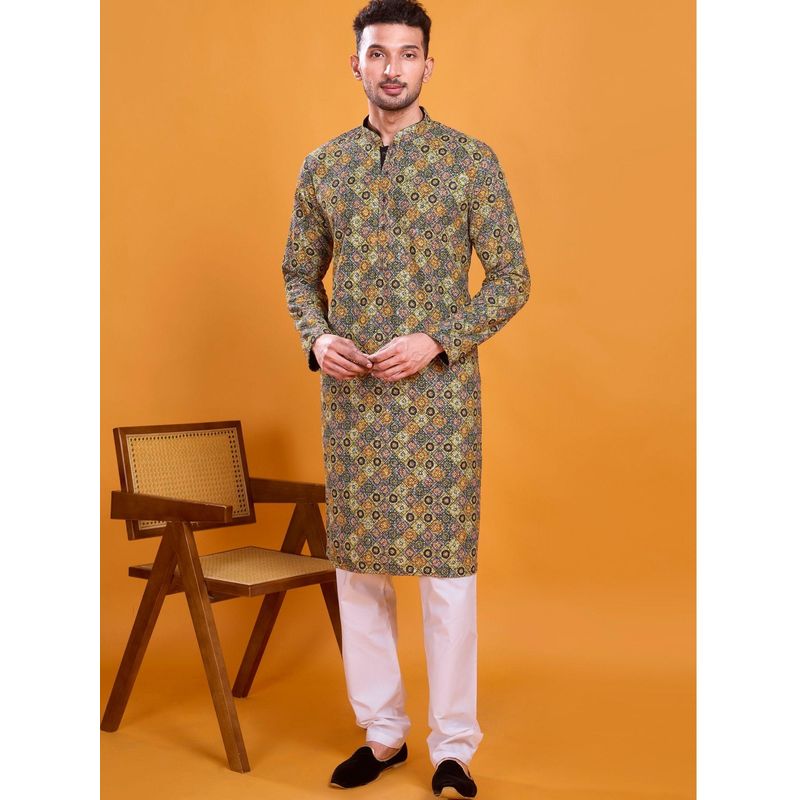 SHIWAM ETHNIX Men Yellow Silk Blend Geometric Straight Kurta (L)