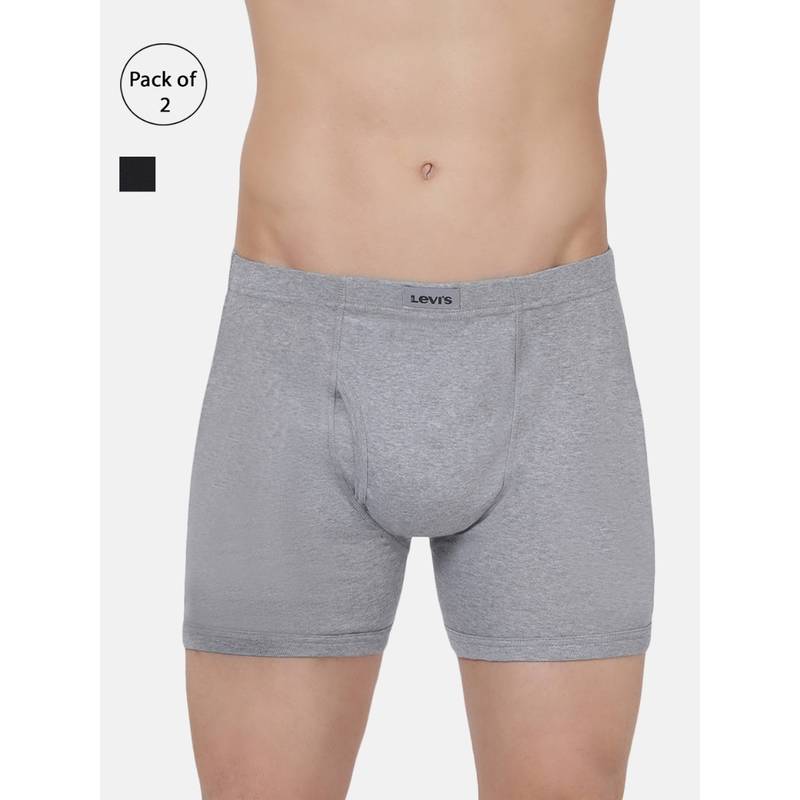 Levi's Men Cotton Solid Long Boxer Brief With Inner Elastic & Fly Open (Pack Of 2) Multi-Color (L)