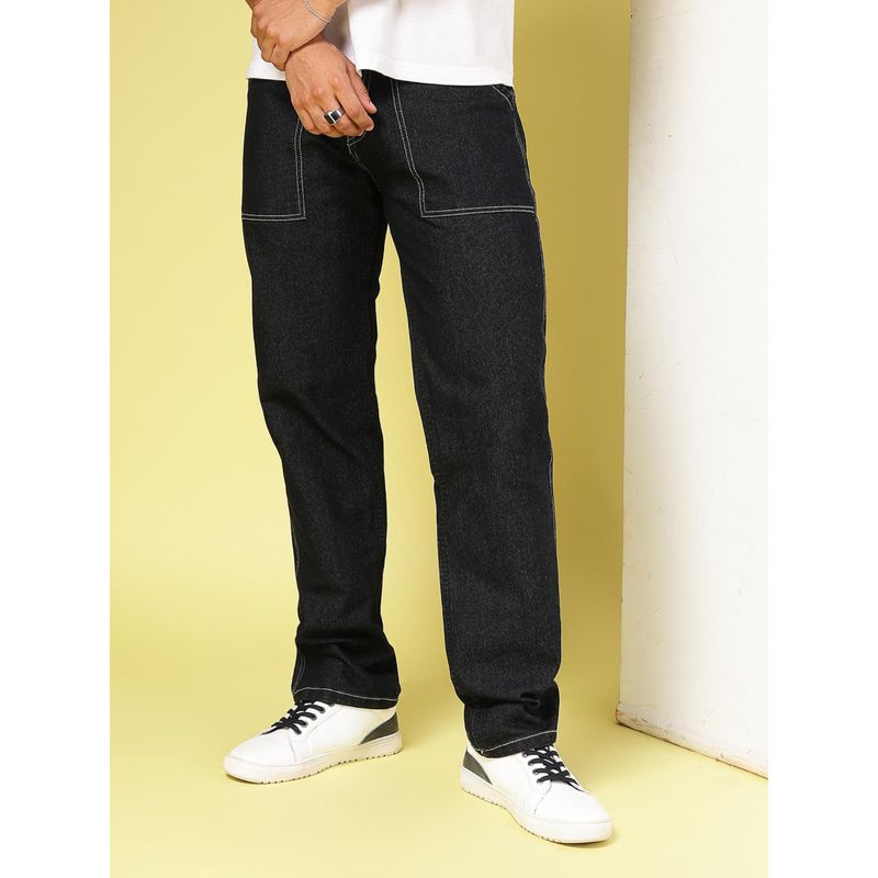 RIGO Men Straight Fit Black Contrast Stitch Detail Jeans (30)