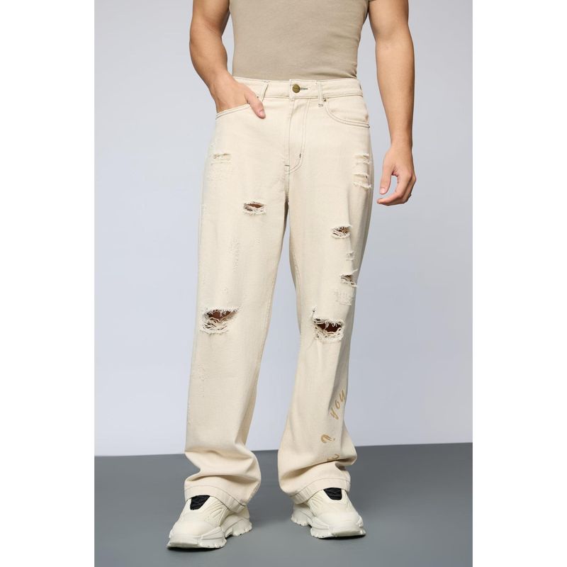 FREAKINS Ecru Escape Distressed Mens Straight Jeans (36)