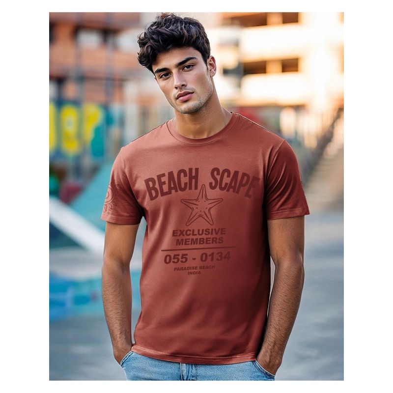 Bewakoof Men Red Brick Red Beach Scape Typography T-Shirt (M)
