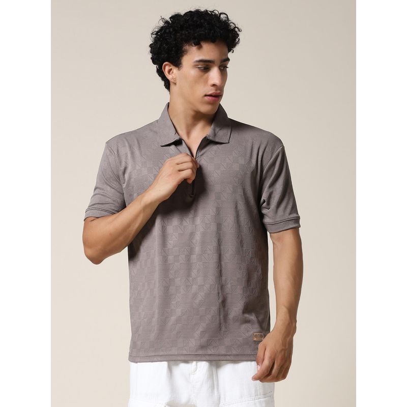 PRONK Men Relaxed Fit Textured Grey Polo T-Shirt (M)