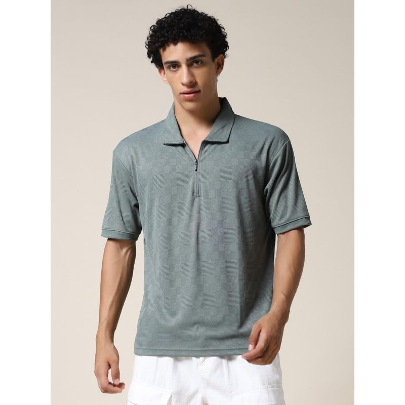 PRONK Men Relaxed Fit Textured Olive Polo T-Shirt (XL)
