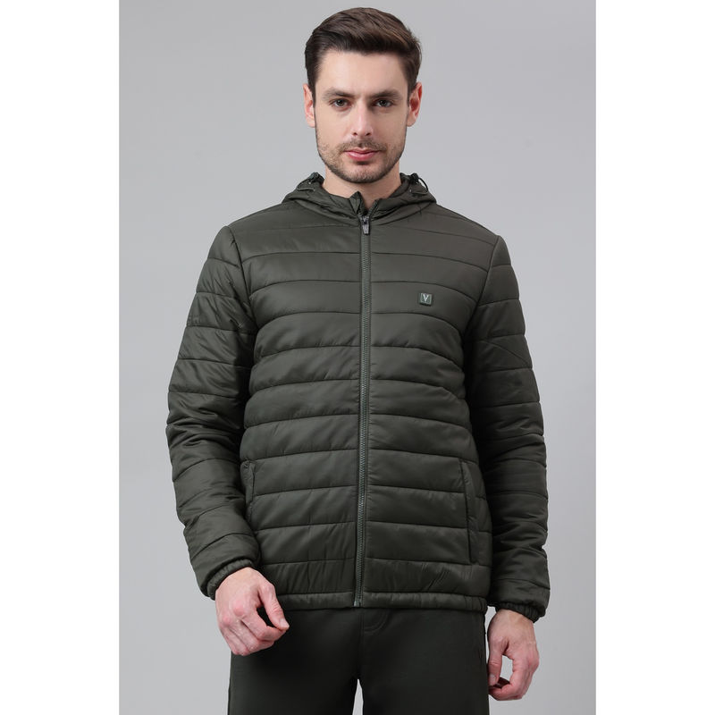 Van Heusen Men Solid Full Sleeve Green Puffer Jacket (L)