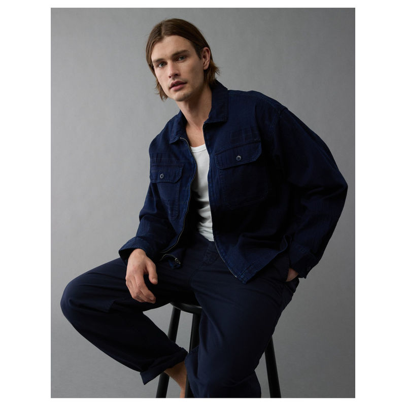 American Eagle Men Blue Jacquard Denim Navy Blue Shirt Jacket (S)