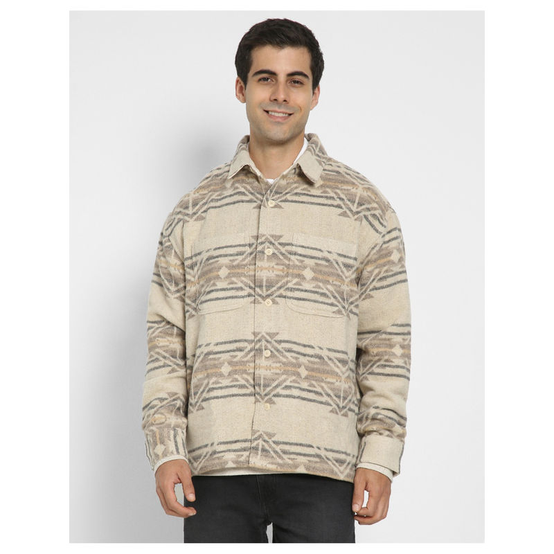 American Eagle Men Beige Printed Shacket (XS)
