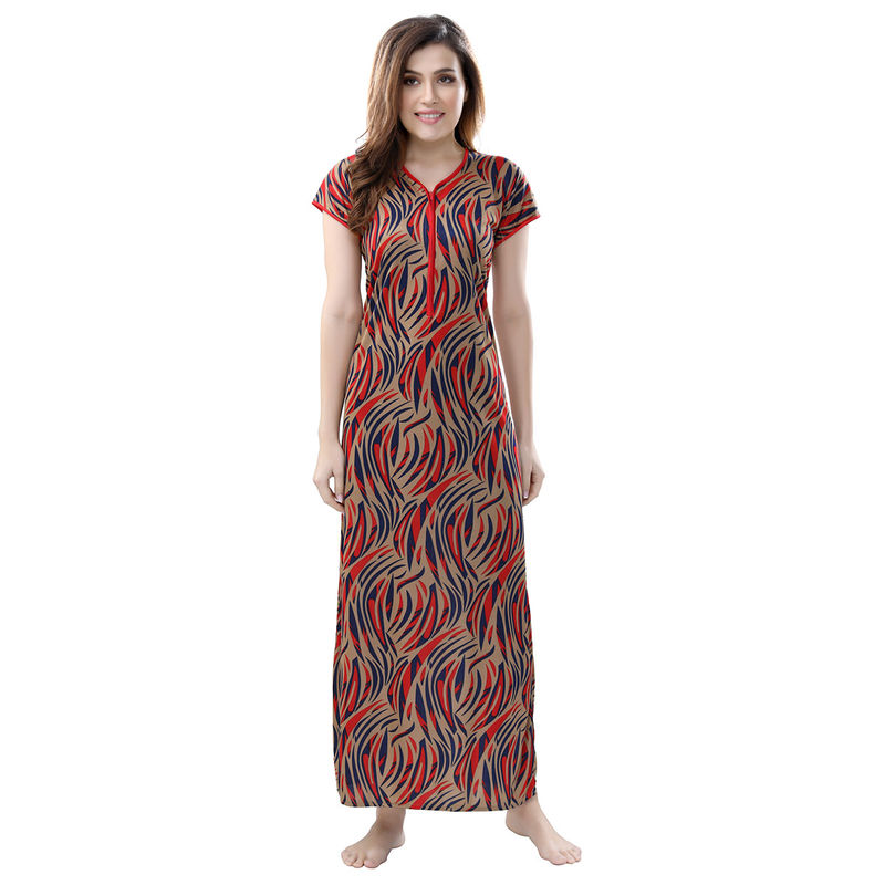 PIU Women's Sarina Printed Zipper Nighty Gown - Red (L)
