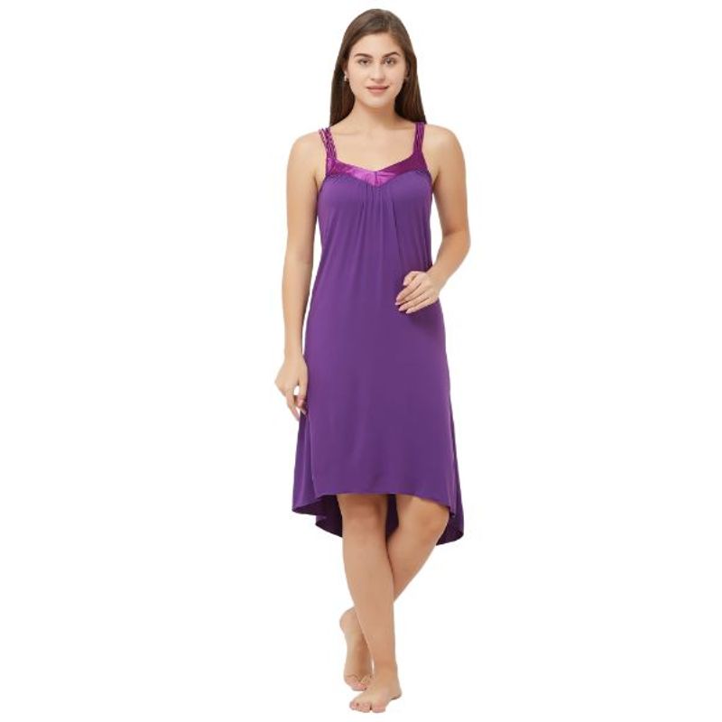 SOIE Women's Viscose Spandex Nightgown Styled With Satin Soft Neckline - Purple (S)