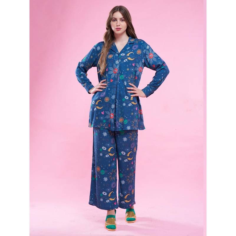July Nightwear Women Blue Long Top and Pyjama (Set of 2) (S)