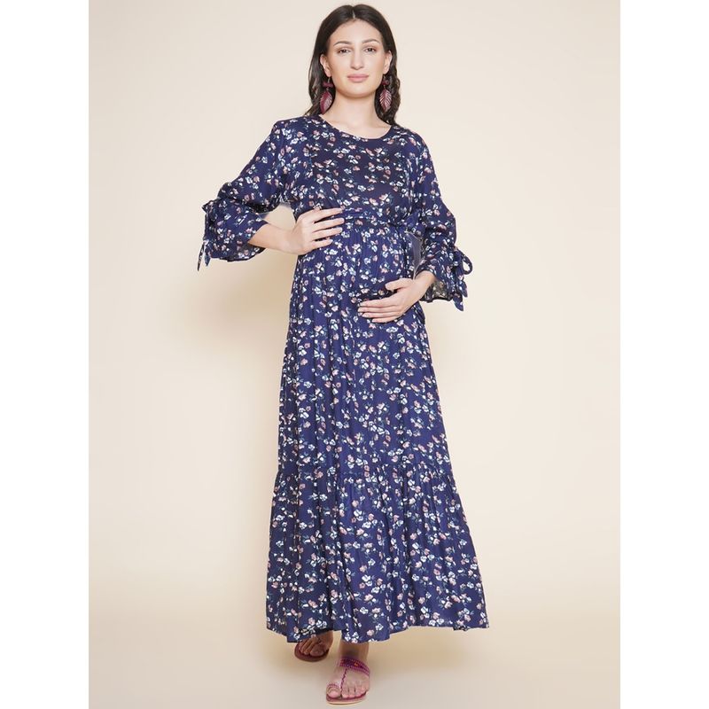 Mine4Nine Womens Navy Blue Floral Maxi Rayon Maternity & Nursing Dress (XL)