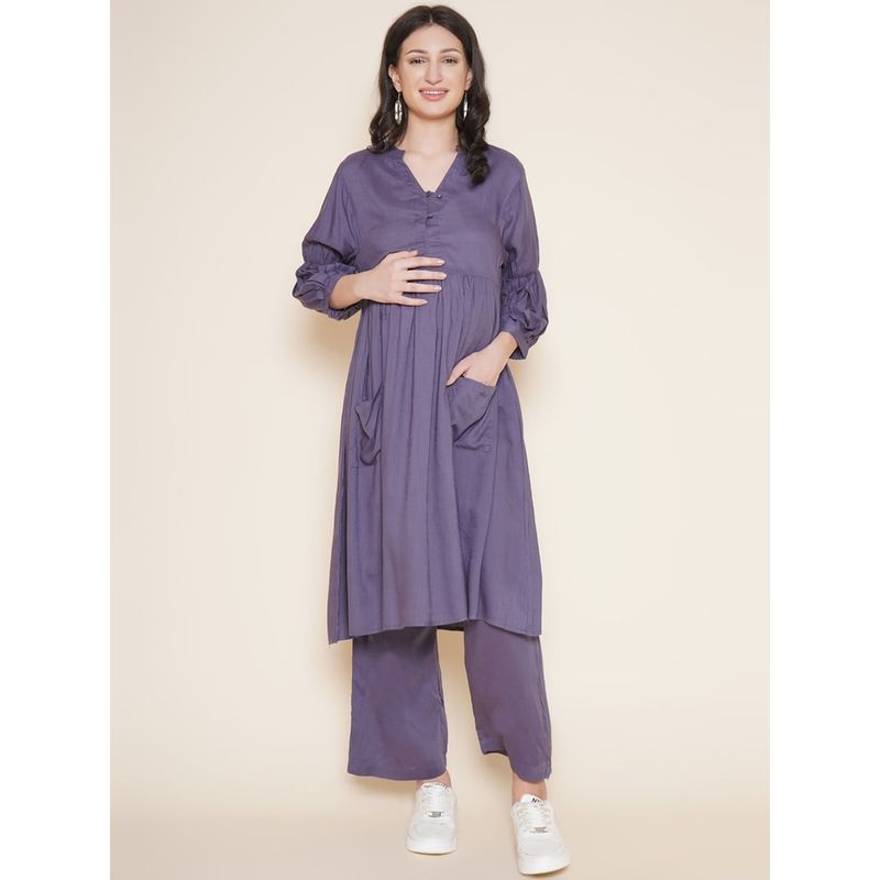 Mine4Nine Womens Grey Fit & Flare Rayon Maternity Kurta with Palazzo (Set of 2) (M)