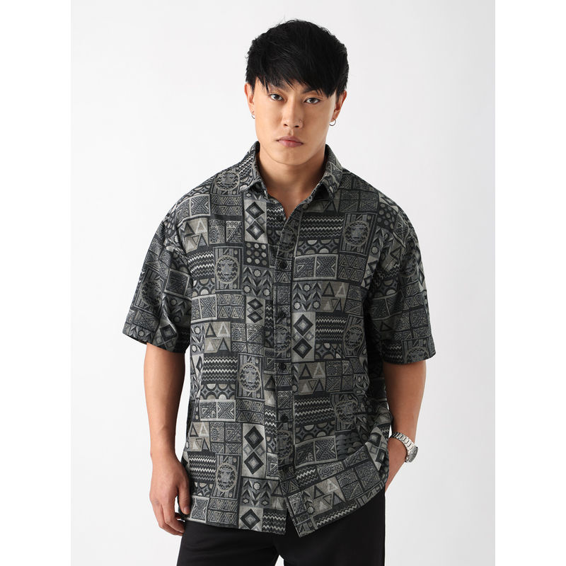 The Souled Store Jacquard: Tribal Tale Grey Men Oversized Shirt (XS)