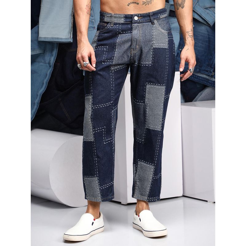 Campus Sutra Mens Navy Blue Patched Straight-Fit Denim Jeans (32)