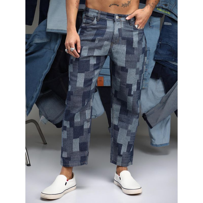 Campus Sutra Mens Navy Blue Blocked Straight-Fit Denim Jeans (34)