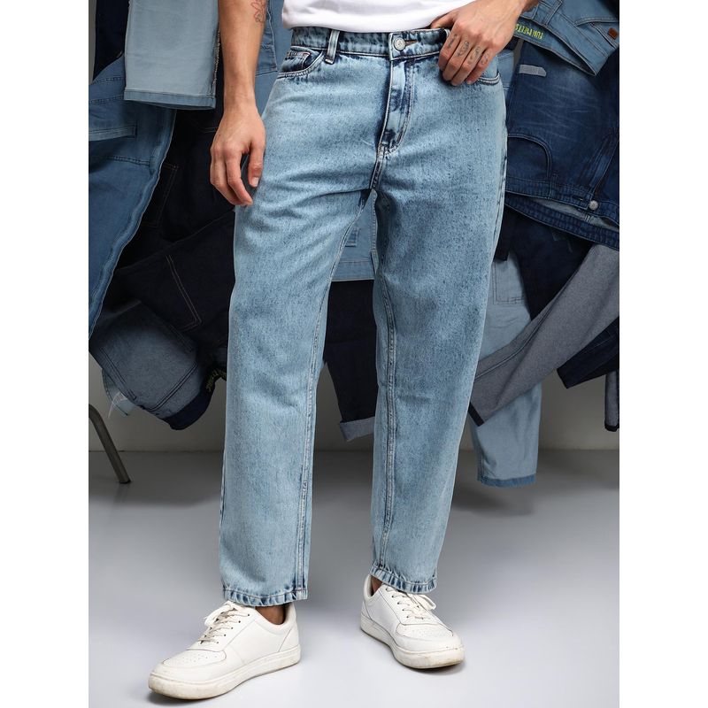 Campus Sutra Mens Indigo Blue Acid-Wash Straight-Fit Denim Jeans (36)