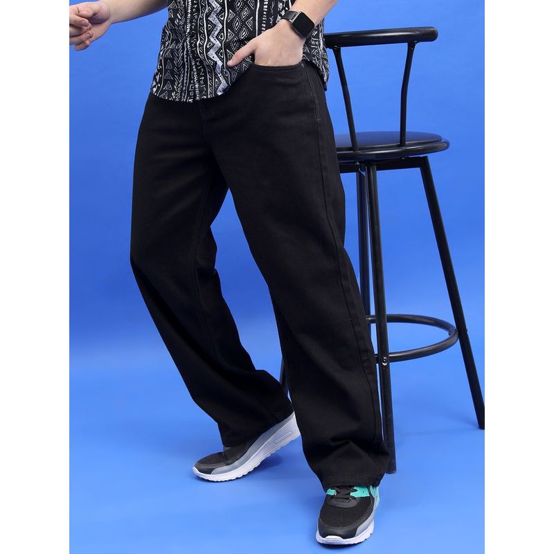 HIGHLANDER Men Black Wide Leg Clean Look Cotton Jeans (32)