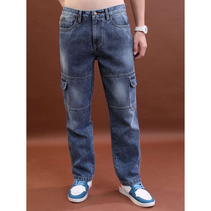 HIGHLANDER Men Straight Fit Mid-Rise Light Fade Medium Shade Clean Look Cargo Jeans (30)