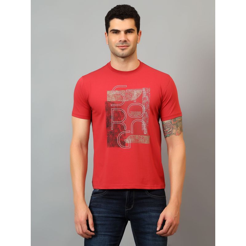 Cantabil Men Red Printed Crew Neck Half Sleeve T-Shirt (M)