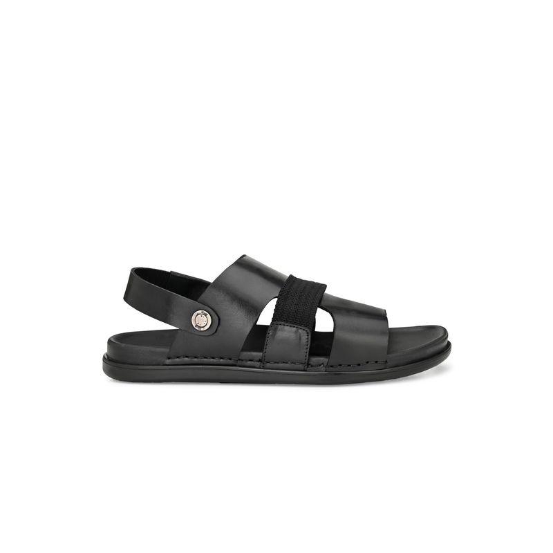 Hitz Men's Black Leather Open Toe Slip-On Slippers (EURO 41)