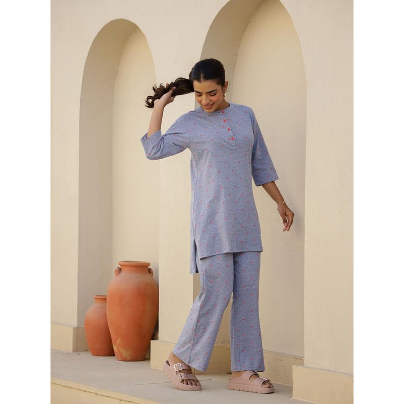 Clt.s Blue Cotton Graphic Kurta and Pyjamas (M)