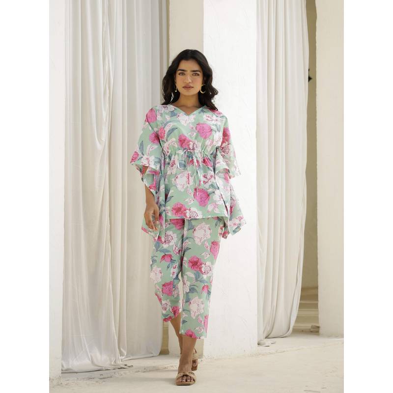 Clt.s Green Cotton Floral Kaftan and Pant (M)