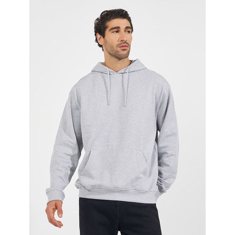 Styli Grey Solid Relaxed Fit Fleece Kangaroo Pocket Hoodie (L)