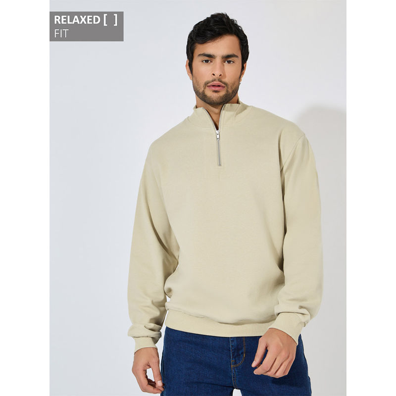 Styli Beige Quarter Zip Relaxed Fleece Sweatshirt (M)