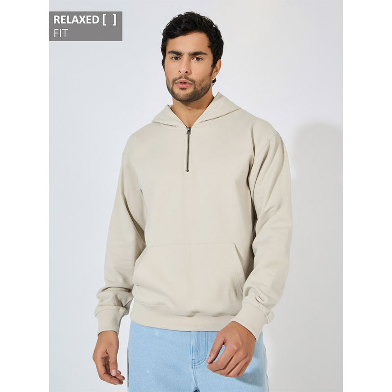Styli Beige Quarter Zip Relaxed Fit Hoodie In Fleece (L)