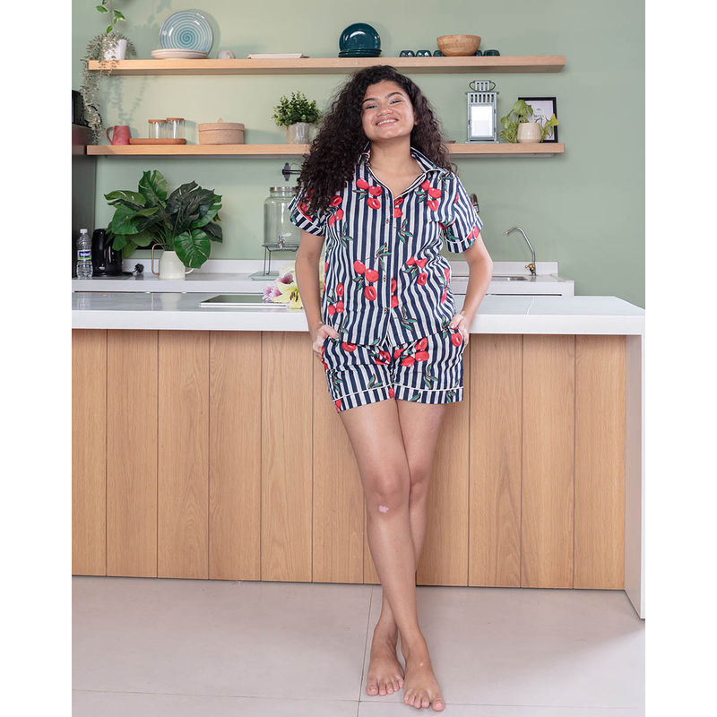 House of Ekam Blue Cherry Stripe Cotton Loungewear Shirt With Shorts (Set of 2) (XS)