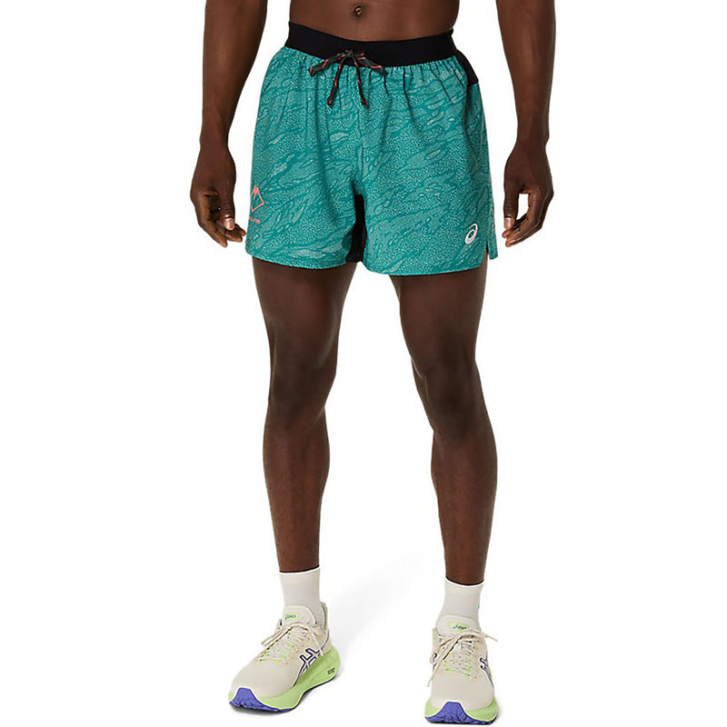 ASICS Men Green Fuji Trail All Over Print 5In Running Shorts (L)